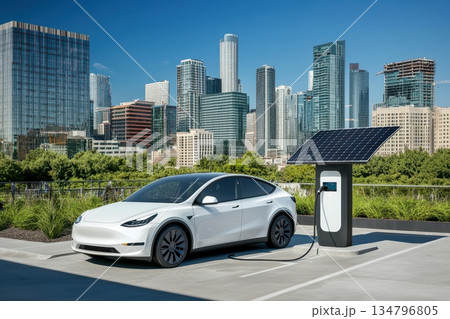 Sleek Electric Vehicle Charging at a Futuristic Urban Landscape with Solar Power 134796805