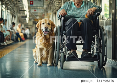 Elderly Person in Wheelchair with Dog in Public Transport Setting Elderly Person in Wheelchair with Dog in Public Transport Setting 134796810