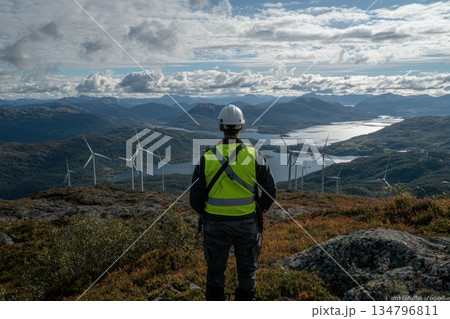 Technician in Neon Green Vest Observing Wind Farm Landscape with Mountains in Background 134796811