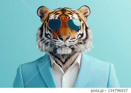 Sophisticated Tiger with Sunglasses in Blue Blazer Against Clean Sky Blue Background Sophisticated Tiger with Sunglasses in Blue Blazer Against Clean Sky Blue Background 134796837