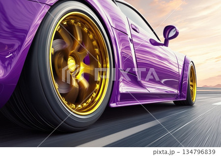 Vibrant Street Racer Blasting Down Open Highway at Sunset with Dynamic Colors 134796839