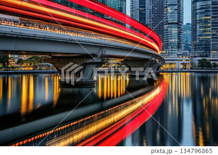 Stunning Urban Landscape at Dusk with Illuminated Bridge and Tower Reflections in Water 134796865