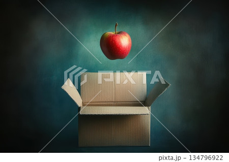 Single Vibrant Red Apple Levitates Gracefully Above Open Cardboard Box Against Dark Background Single Vibrant Red Apple Levitates Gracefully Above Open Cardboard Box Against Dark Background 134796922