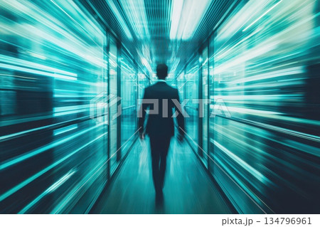 Professional in Dark Suit Walking Through Modern Business Corridor Abstract Motion 134796961