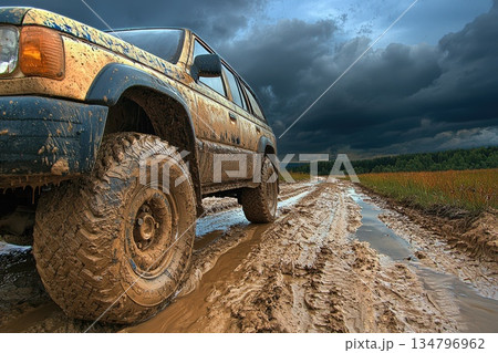Off-Road Adventure with a Muddy Car on a Stormy Day in Nature's Landscape 134796962