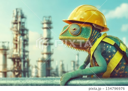 Chameleon in Tiny Safety Vest and Helmet Perched on Industrial Scenery 134796976