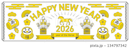 2026年の午年をイメージした横長の線画の年賀状_白 2026年の午年をイメージした横長の線画の年賀状_白 134797342