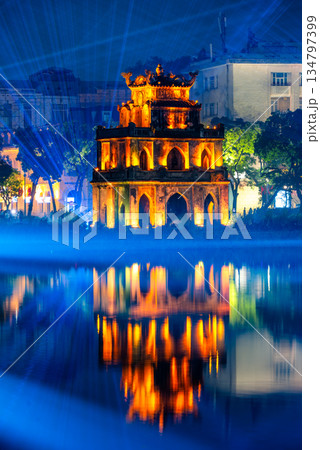 Light Show at Turtle Tower, Hoan Kiem Lake, Hanoi, Vietnam 134797399