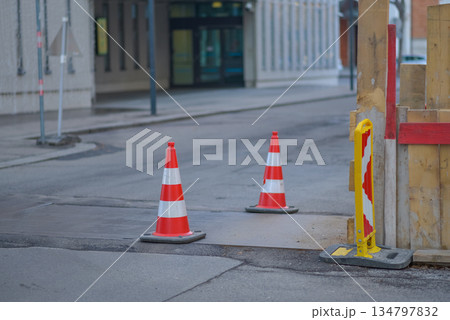 Road Construction Safety Cones on Urban Street Road Construction Safety Cones on Urban Street 134797832