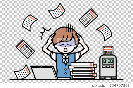 A vector illustration depicting the stress of overtime work with lots of paperwork, card counting, and mistakes 134797891