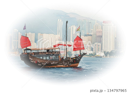 香港の風景　香港の観光イメージ　香港の象徴　ジャンク船 134797965