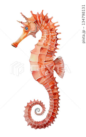 白背景に隔離された美しいタツノオトシゴの水彩画イラスト、オレンジ色の海洋生物のデザイン素材 134798131