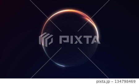 Minimal abstract neon orb with soft blue, orange and red gradients on dark background. Clean futuristic composition for technology branding, digital design, UI visuals and modern abstract backgrounds. 134798469