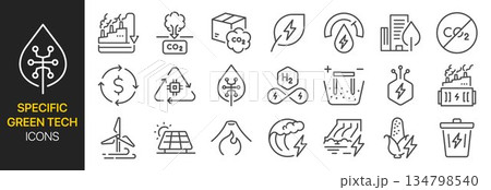 Specific Green Tech icon set. It includes Carbon Capture, Carbon, Utilization, Hydrogen, Electrolysis, clean energy, and more icons. 134798540