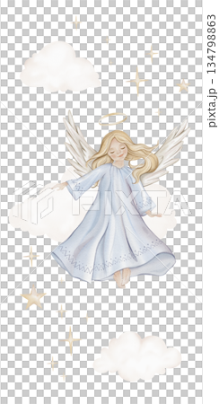 Christmas vertical composition with angel with light hair and nimbus. Watercolor illustration Christian Nativity angel with wings and stars and clouds for religious baptism invitation. 134798863