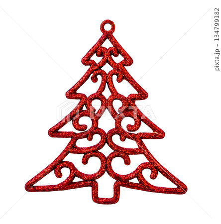 Red plastic Christmas tree ornament, Festive winter Christmas decor, minimalist design. 134799182