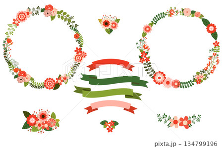 Flower wreath borders in red and green colors Flower wreath borders in red and green colors 134799196