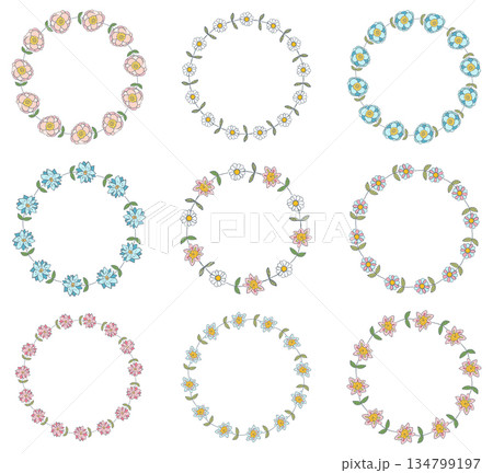 Vector set with round floral wreaths with pink and blue flowers 134799197