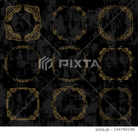 Vector set with ornate gold borders and frames in vintage calligraphic style on black chalkboard background 134799199