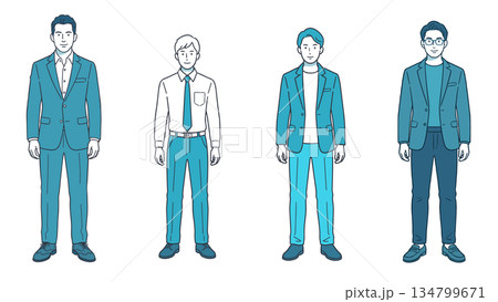 ビジネスシーンで使える男性全身イラストセット　スーツ・オフィス・人物素材（AI制作） 134799671