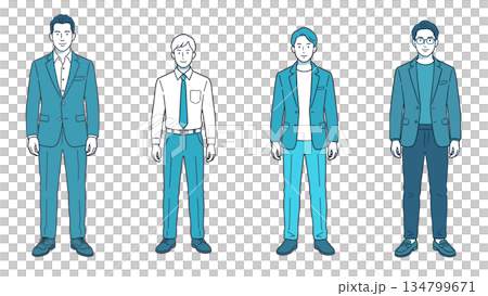 Full-body illustration set of men in business suits, office wear, and people (AI-created) 134799671