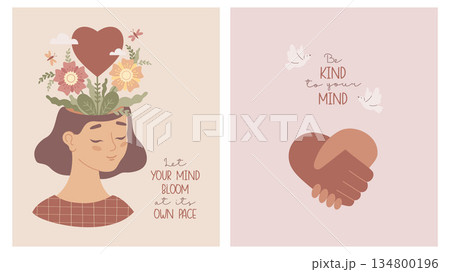 Mental Health Woman Support. Greeting Cards Template. Girl Head with Blooming Flowers, Heart, Doves and Handshake with Inspirational Quotes. Concept Harmony and Wellness. Vector Illustration Not AI 134800196