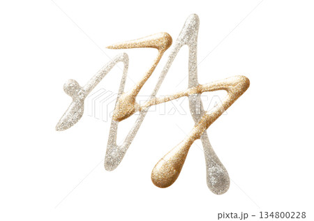 A sample of silver and gold nail polish with a shimmer and metallic effect. Isolated on a white background. 134800228