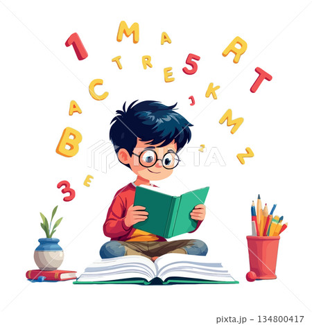 Vsai boy learning reading and literacy, surrounded by letters and numbers 134800417