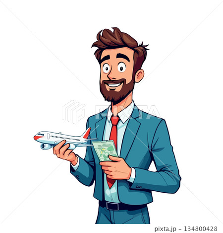 Vsai businessman holding airline model and travel money 134800428