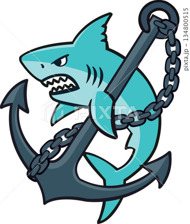 Angry shark wrapped around an anchor with chain 134800515