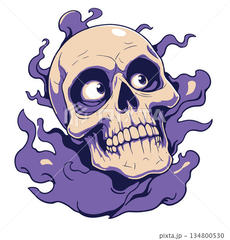 Vsai cartoon skull head with surprised eyes and purple smoke 134800530