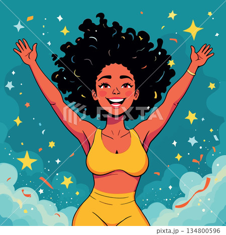 Vsai black woman celebrating success with arms raised 134800596