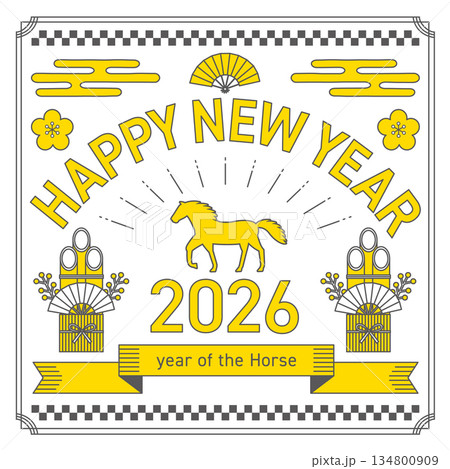 2026年の午年をイメージした正方形の線画の年賀状_白 2026年の午年をイメージした正方形の線画の年賀状_白 134800909