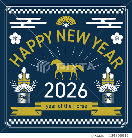 2026年の午年をイメージした正方形の線画の年賀状_青 2026年の午年をイメージした正方形の線画の年賀状_青 134800911