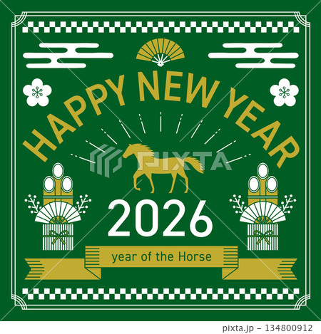 2026年の午年をイメージした正方形の線画の年賀状_緑 2026年の午年をイメージした正方形の線画の年賀状_緑 134800912