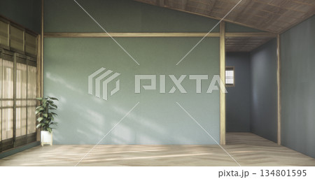 Dark blue color empty room zen style and decoraion wooden design, earth tone.3D rendering 134801595