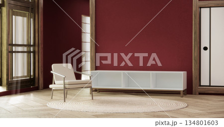Viva magenta Living room with red wall and armchair japandi style.3D rendering 134801603