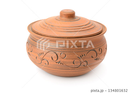Handmade Clay Pot with Lid Isolated on White Background with Copy Space for Traditional Cookware, Rustic Kitchen Design and Craft Concepts 134801632
