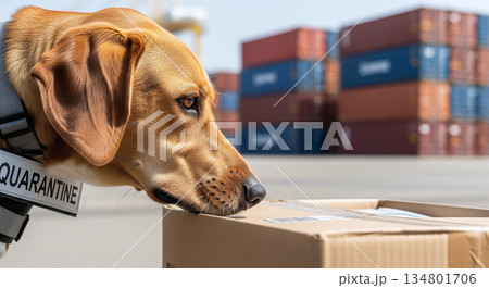 港のコンテナターミナルで荷物の匂いを嗅ぎ水際対策を行う検疫犬とコピースペース 134801706