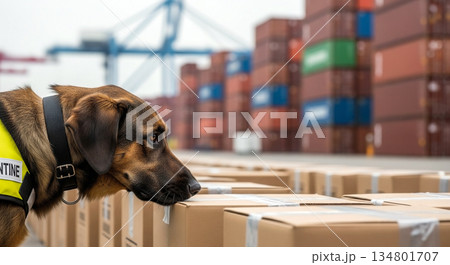 港のコンテナターミナルで荷物の匂いを嗅ぎ水際対策を行う検疫犬とコピースペース 134801707