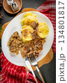 Stewed pieces of tenderloin in their own juice. 134801817