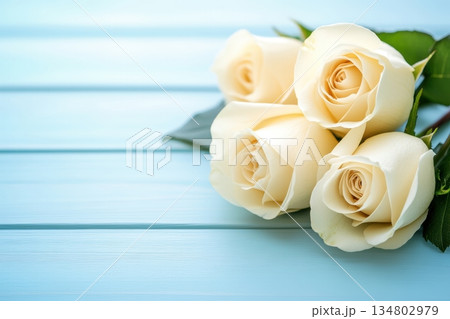 Bouquet of white roses on blue wooden background 134802979