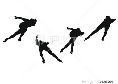 スピードスケートのシルエットイラスト｜氷上を滑走する冬季スポーツ選手素材 134803091