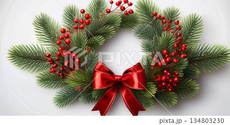 Festive Christmas Wreath With Red Bow And Pine Branches For Holiday Decor Festive Christmas Wreath With Red Bow And Pine Branches For Holiday Decor 134803230