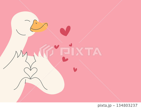 Cute hand drawn duck showing heart. Happy duck making a heart shape with wings. Vector illustration 134803237