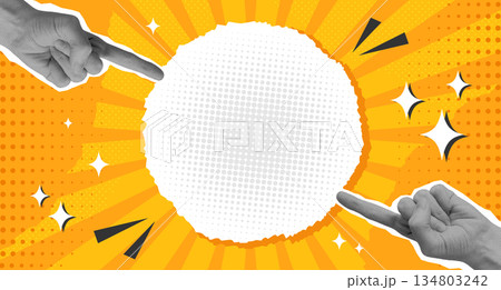 Pop art style collage background with halftone pointing hands. Vector illustration 134803242