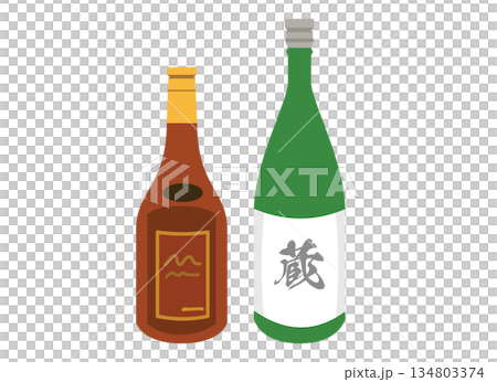 Illustration of alcohol with western and Japanese sake bottles lined up 134803374