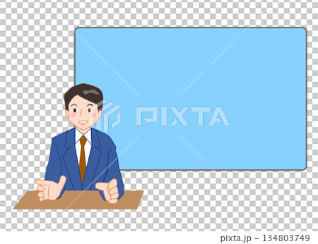 スクリーンを背景に説明を行うキャスターのイラスト 134803749