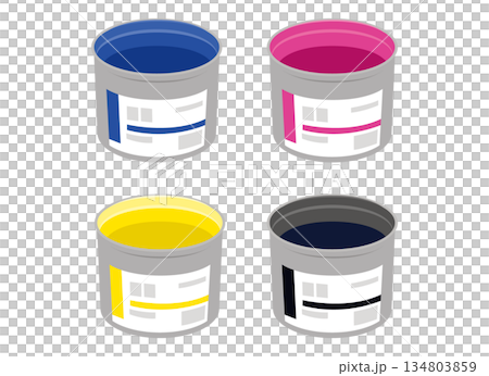 CMYKカラーの印刷用インキ缶を並べたイラスト 134803859