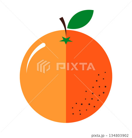 Stylized orange fruit with a green leaf and stem on a clean white background 134803902